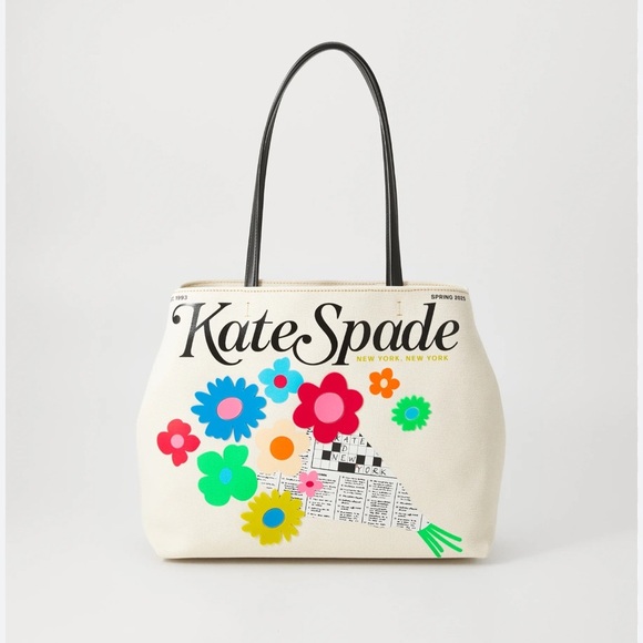 Kate Spade New York Fresh Picks Printed Medium Tote Bag Canvas Floral Logo - Picture 1 of 16